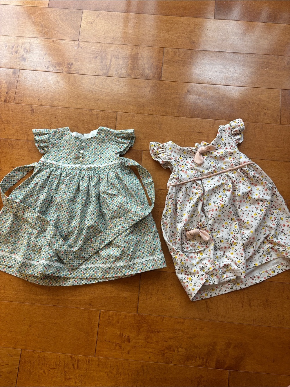 Girls' Floral Flutter Sleeve Dress - Pink & Green Handmade 3/4